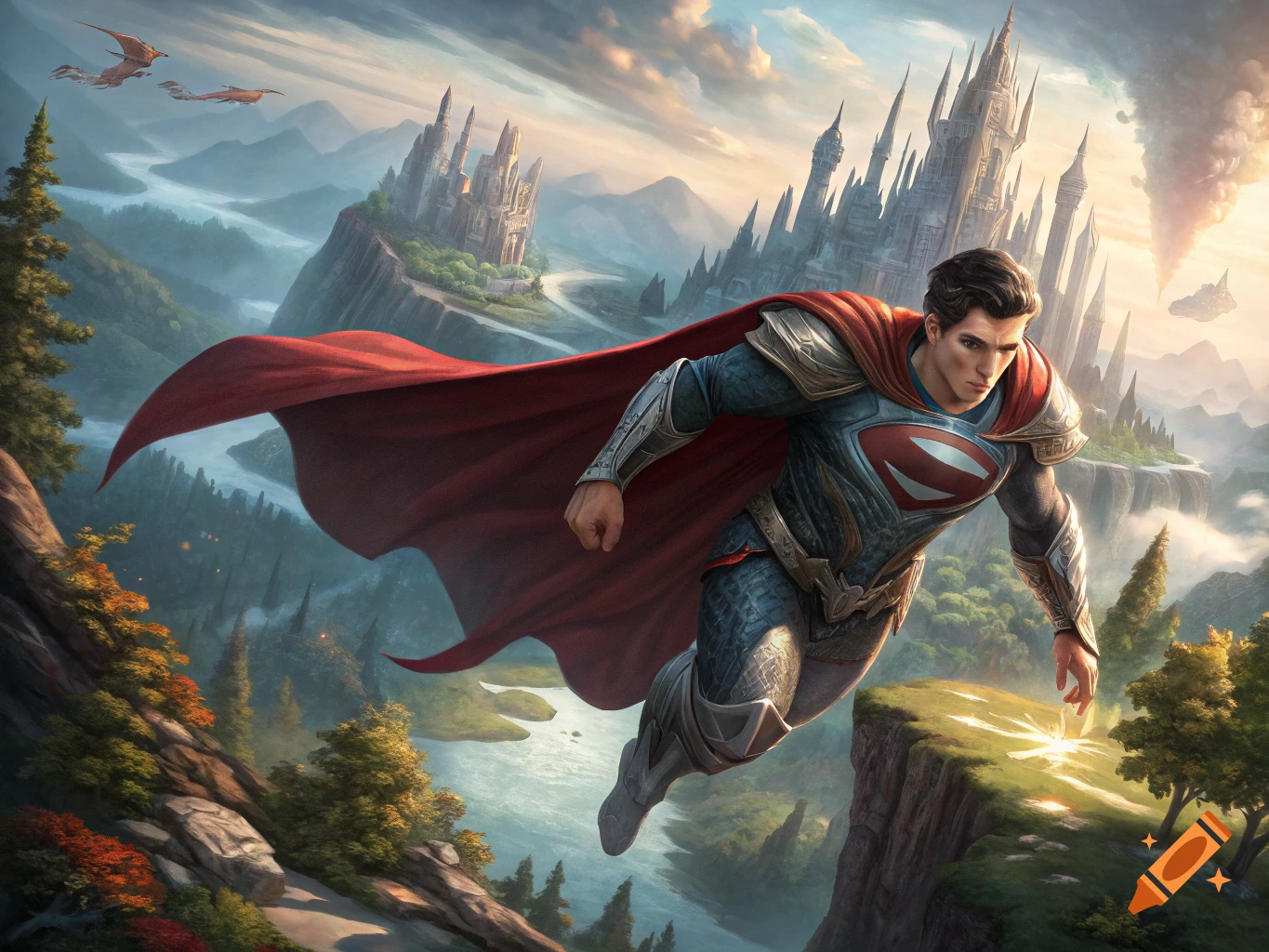 Superman flying through a mountainous fantasy landscape with castles and creatures.