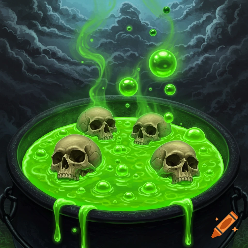 Four skulls float in bubbling green liquid in a black cauldron, with green vapor rising, fantasy illustration.
