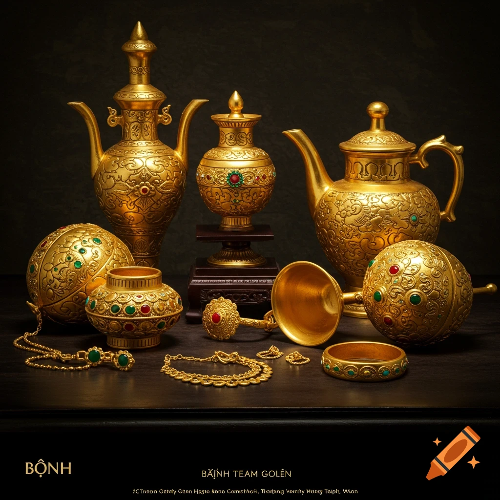 A still life arrangement of ornate golden jugs, vases, jewelry, and spheres.