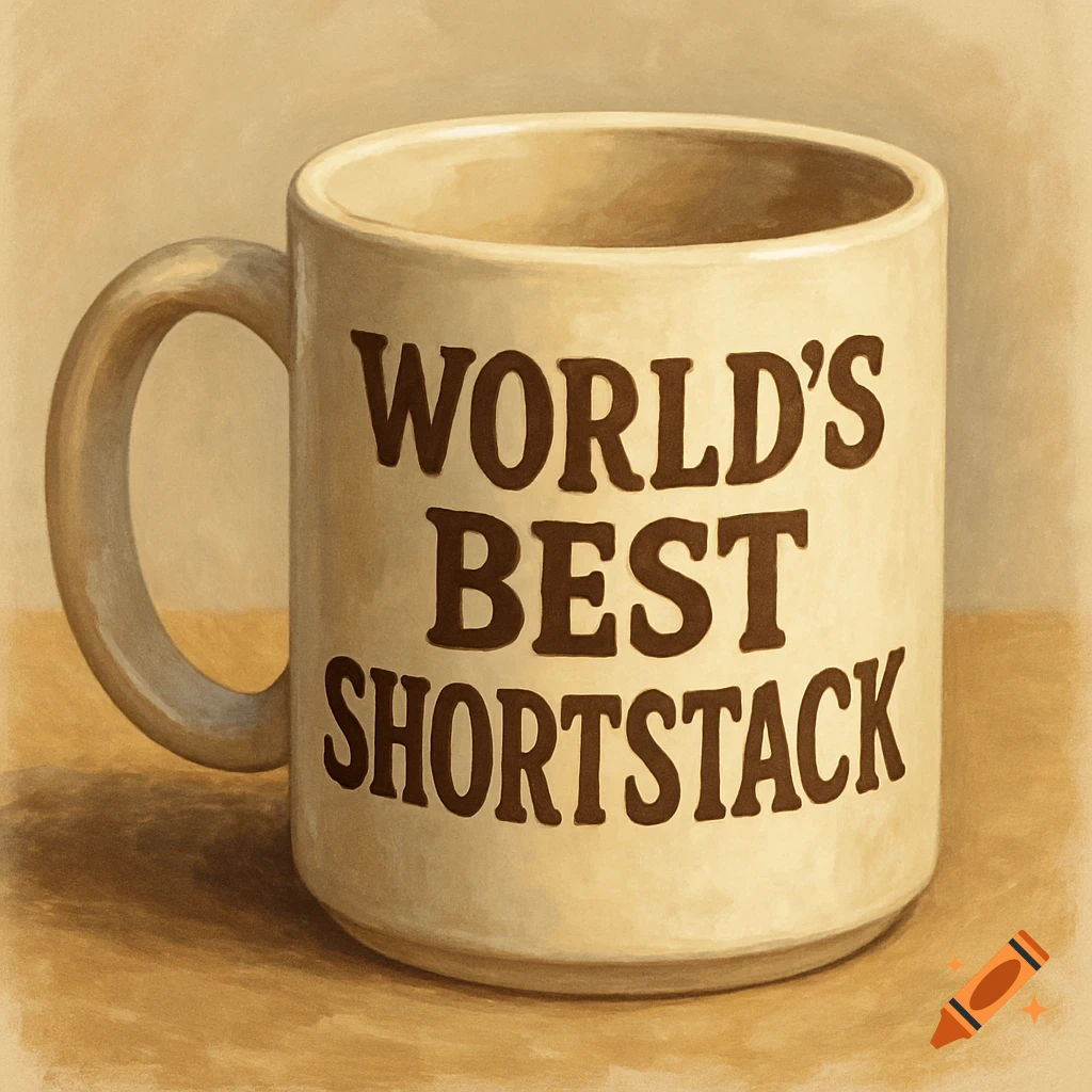 A beige mug with the text 'WORLD'S BEST SHORTSTACK' in brown letters.