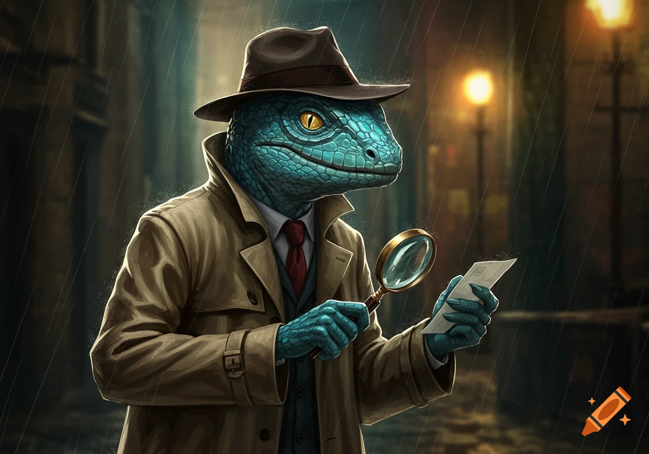 Bipedal lizard detective in a trench coat and hat holds a magnifying glass and paper in the rain.