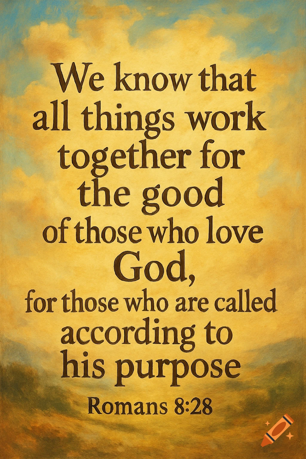 Quote from Romans 8:28 displayed on a textured yellow background with clouds, in a painted style.