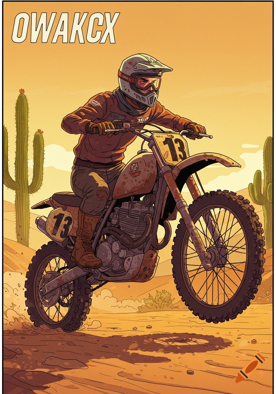 Illustration of a person riding a dirt bike in a desert with the text OWAKCX.