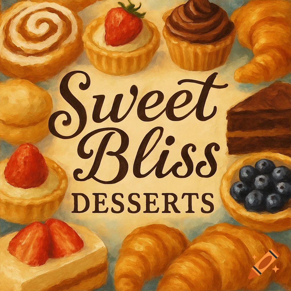 Painterly image of pastries surrounding the text 'Sweet Bliss Desserts'.