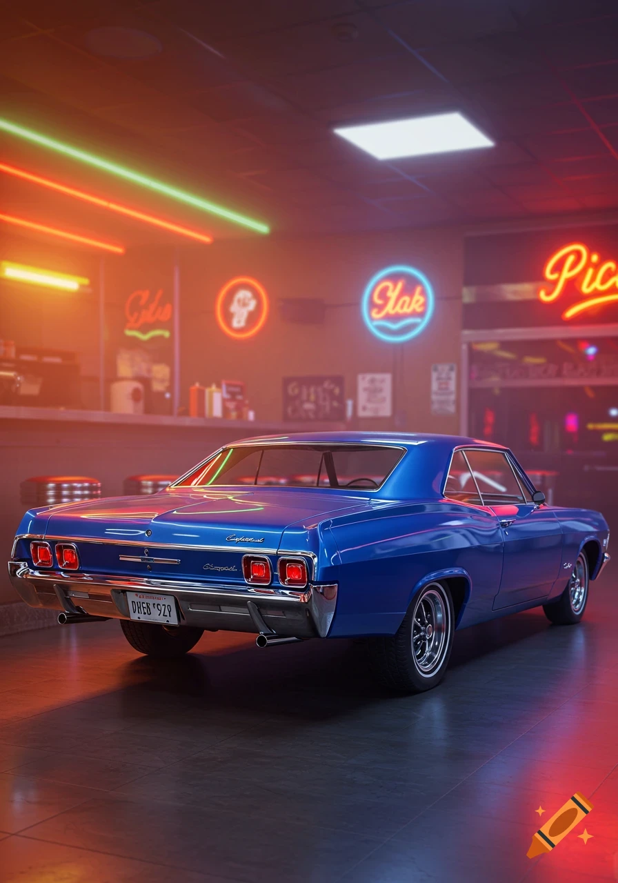 A blue classic car parked in a neon-lit garage or diner.
