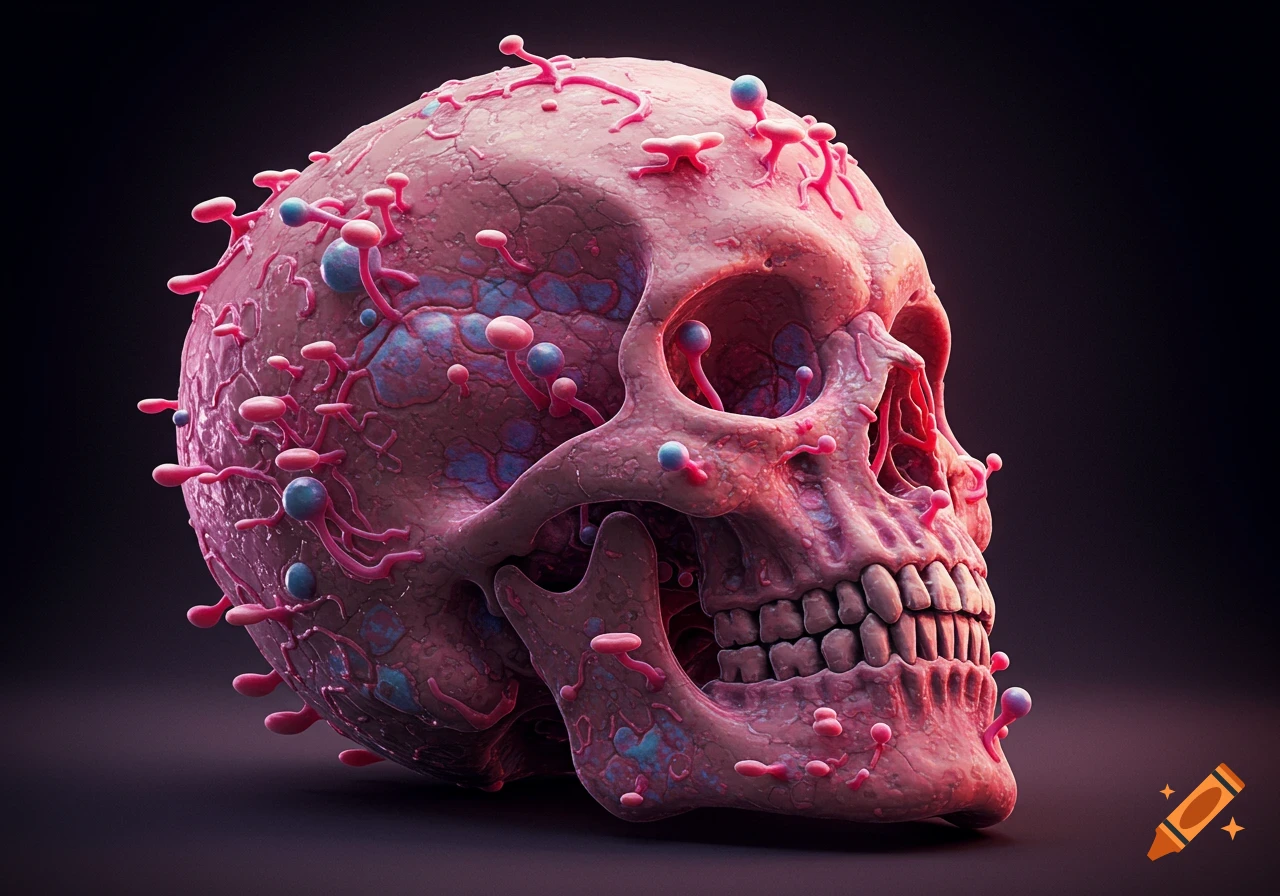 Stylized skull with pink and blue growths on a dark background
