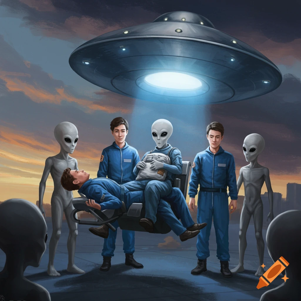 Digital painting of a man being carried by humans and aliens under a UFO beam.
