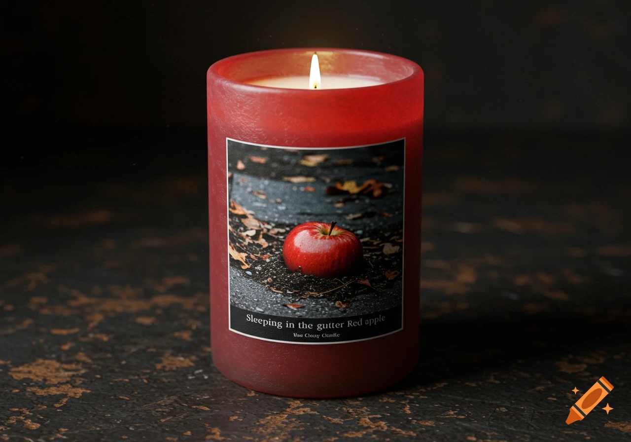 Photorealistic red candle with a label showing a red apple on the ground among leaves.