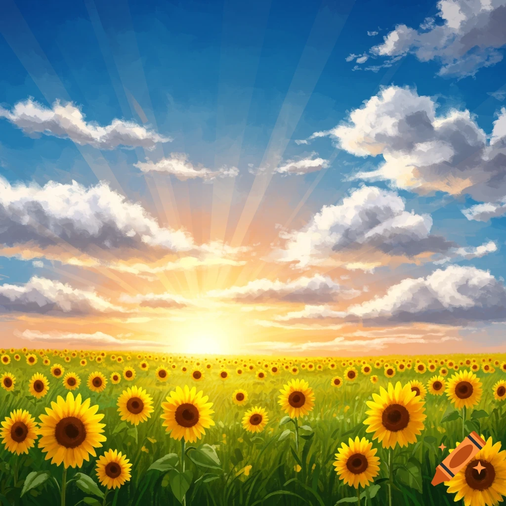 Field of yellow sunflowers under a bright sunny sky with clouds and sun rays, painted style.