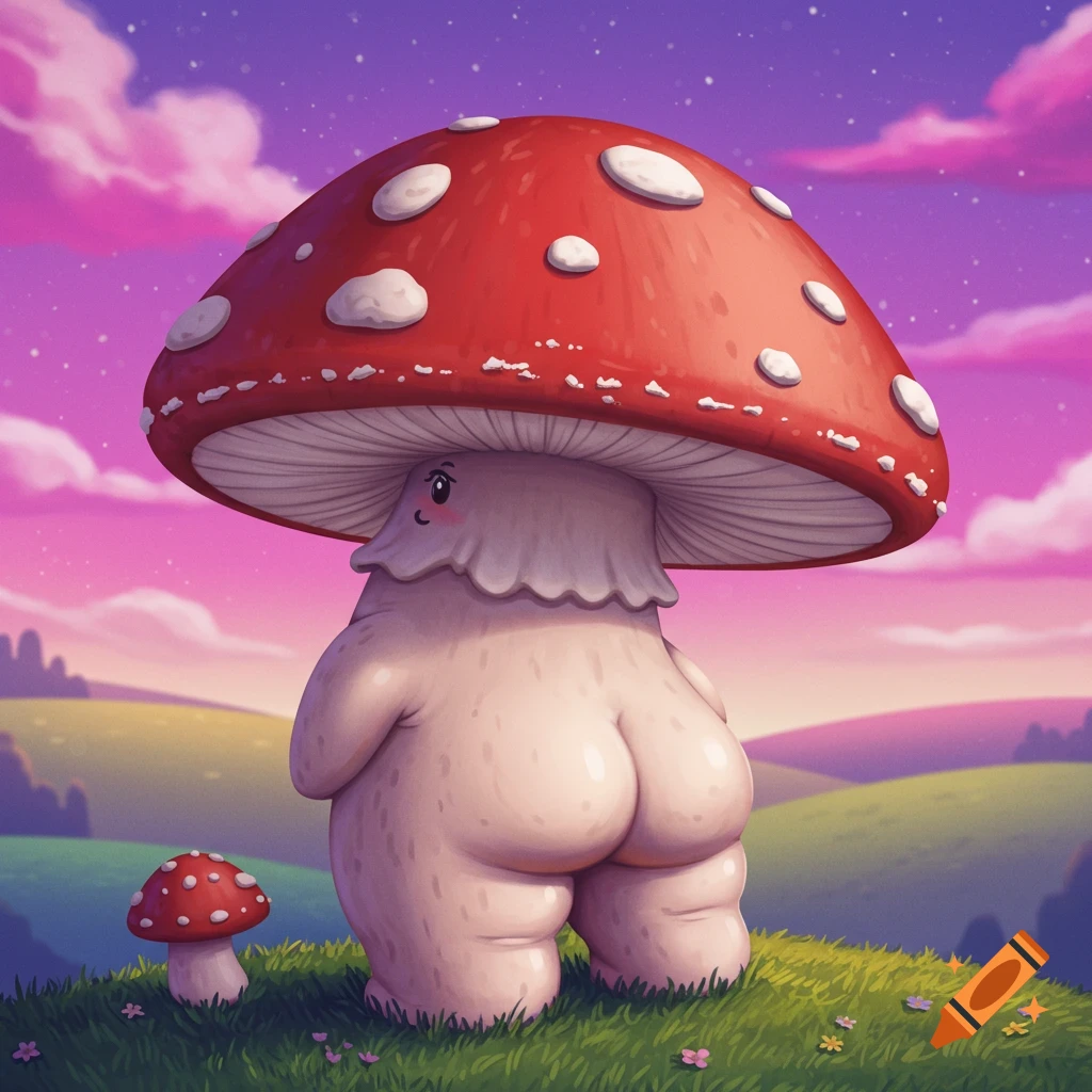 Cartoon mushroom character with a butt stands in a field at sunset.