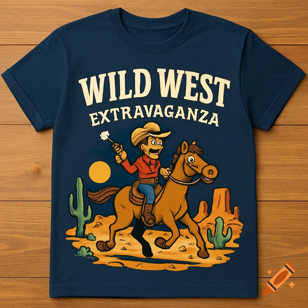 A cartoon cowboy rides a horse in the desert on a blue t-shirt that says WILD WEST EXTRAVAGANZA.