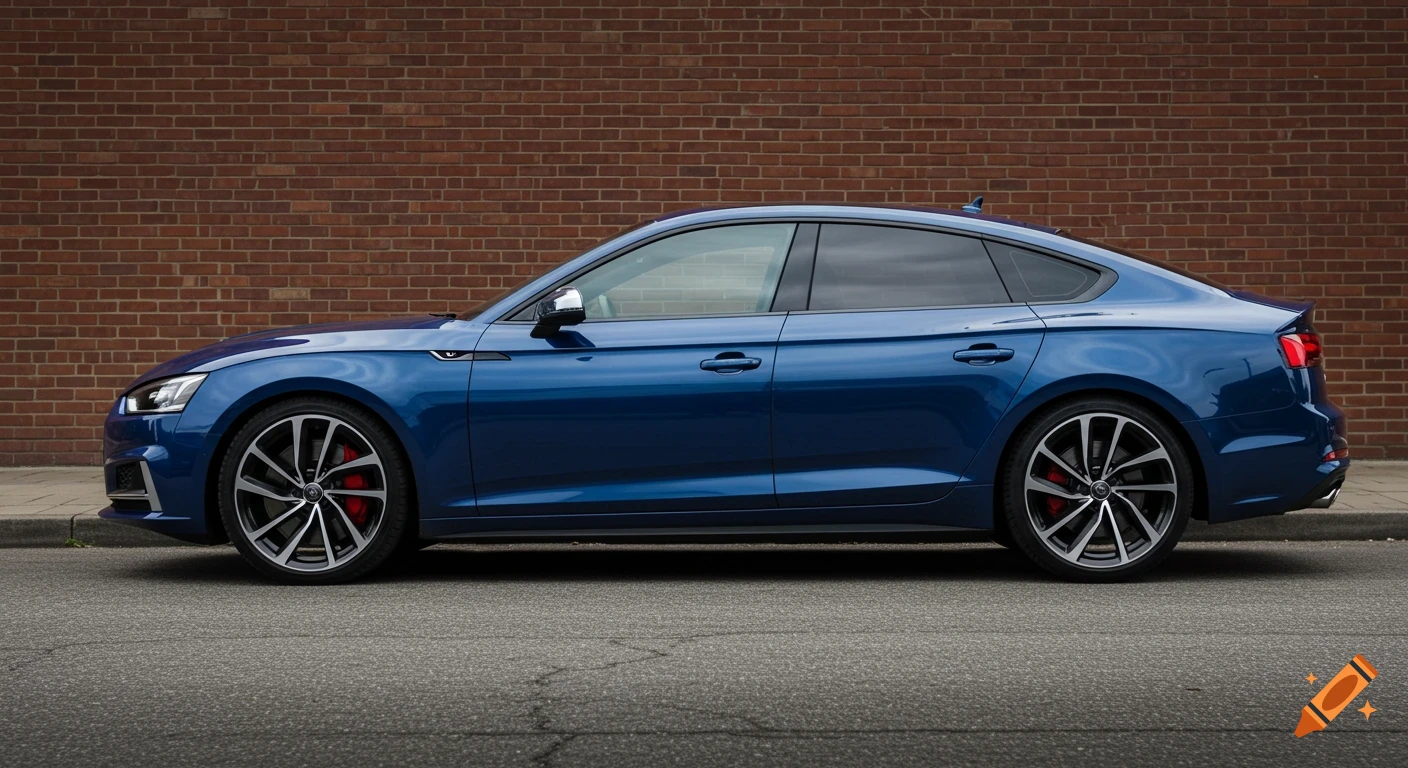 A blue Audi S5 Sportback parked on a street, side view, in a realistic  photo. on Craiyon