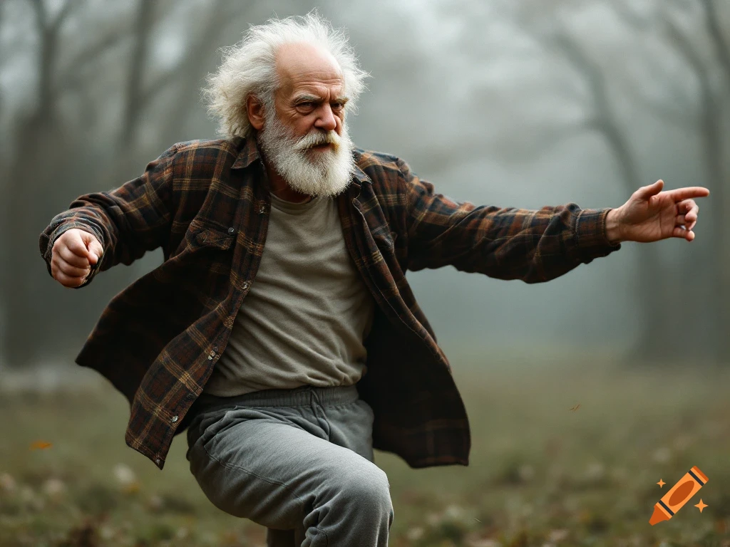 An elderly man with white hair and beard dances outdoors in a plaid shirt and grey sweatpants.