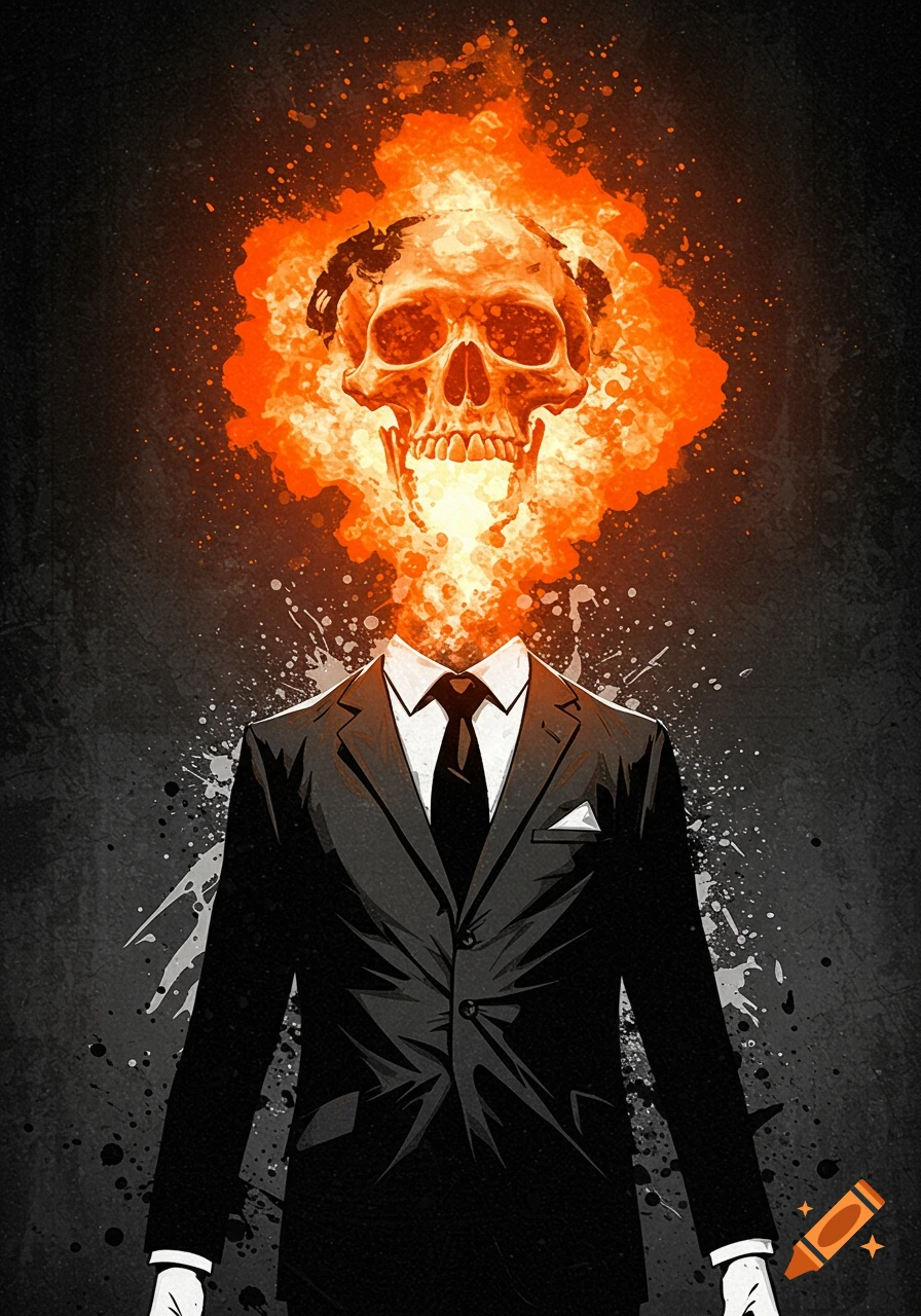 Surreal illustration of a figure in a suit with a flaming skull head, in a grungey graphic novel style.