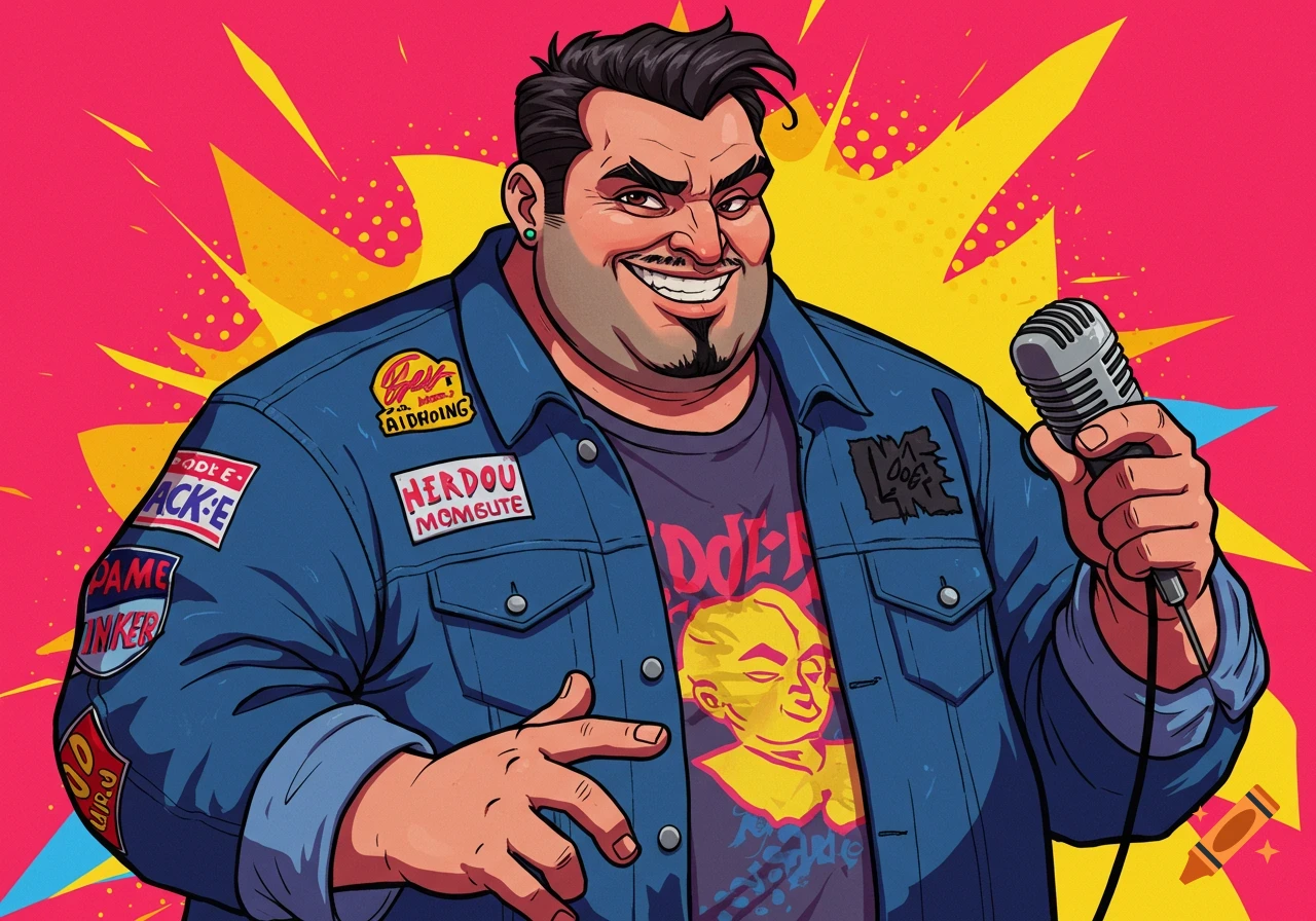 Cartoon of a man holding a microphone, wearing a denim jacket with patches.