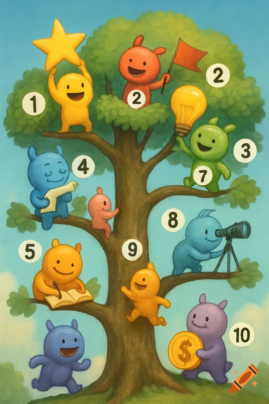 Cartoon characters numbered 1-10 in a tree, engaged in various activities like holding a star, lightbulb, flag, reading, and holding a coin.