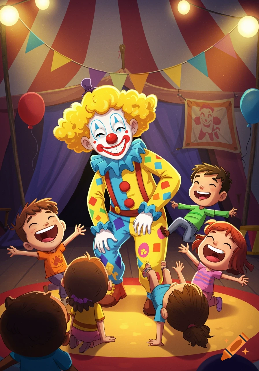 A clown entertains happy children in a circus tent.