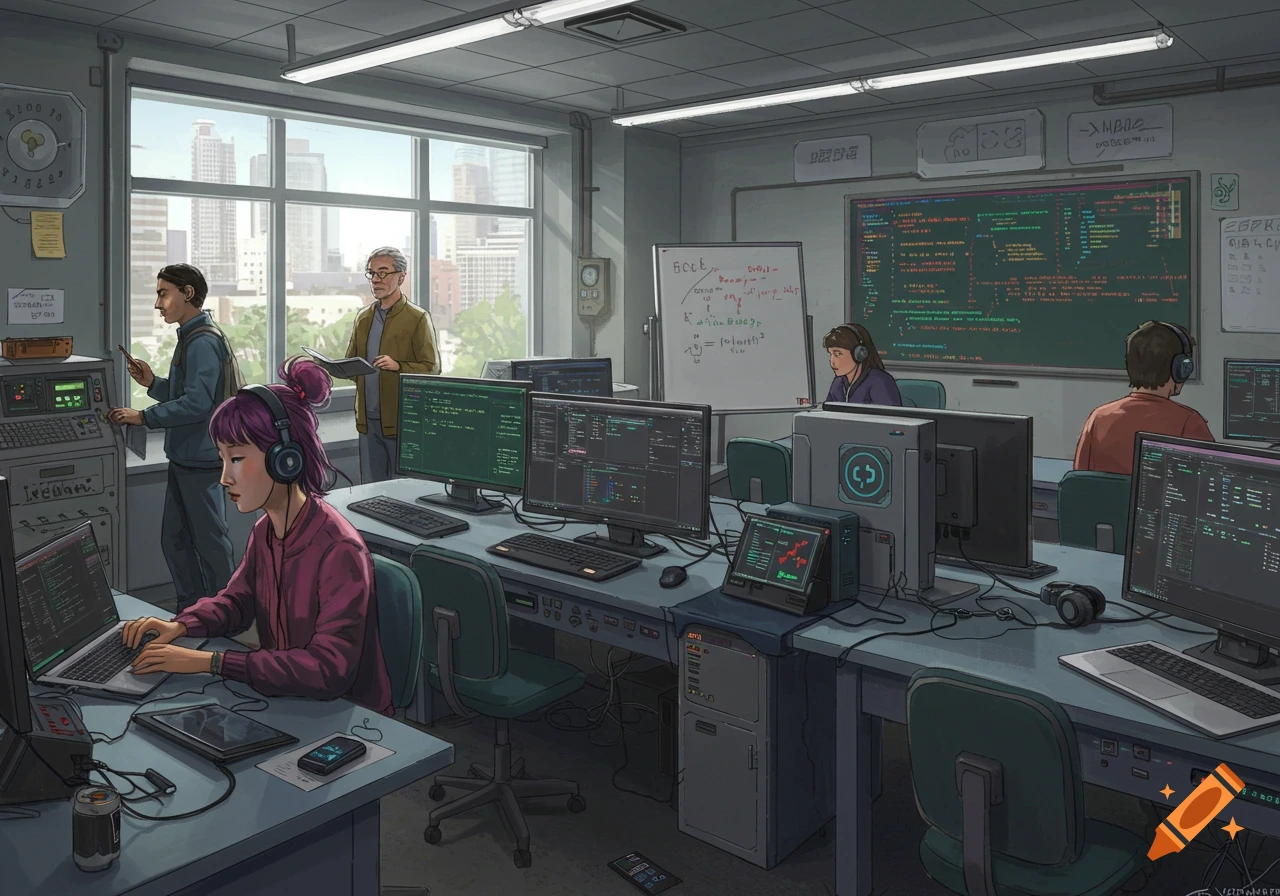 An illustration of a computer science classroom with students and a teacher working on computers, overlooking a city.