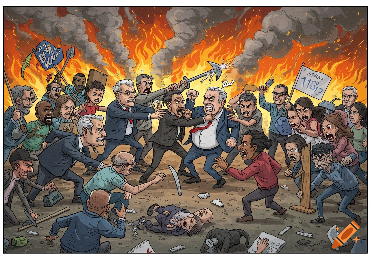 A cartoon illustration of a large crowd, including people in suits, fighting violently amidst fire and smoke.