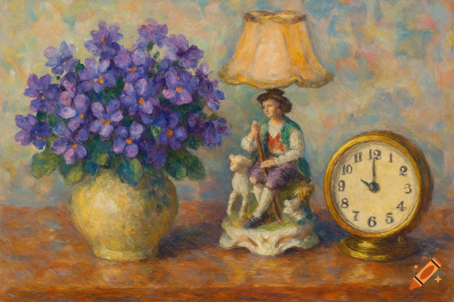 An impressionist painting of a still life with a vase of purple flowers, a shepherd figurine under a lamp, and a clock set to seven.