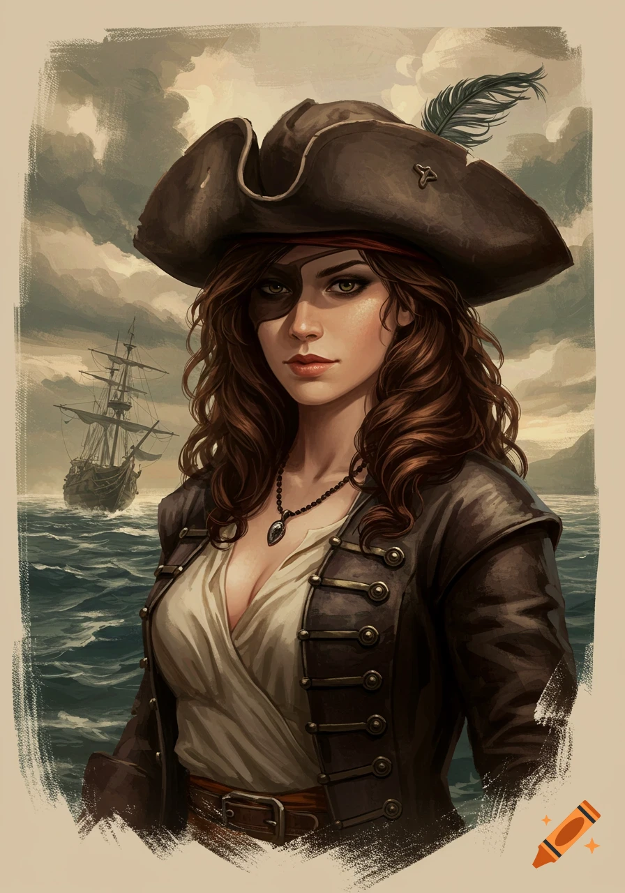 Painterly portrait of a female pirate with eyepatch and hat standing by the sea with a ship in the background.