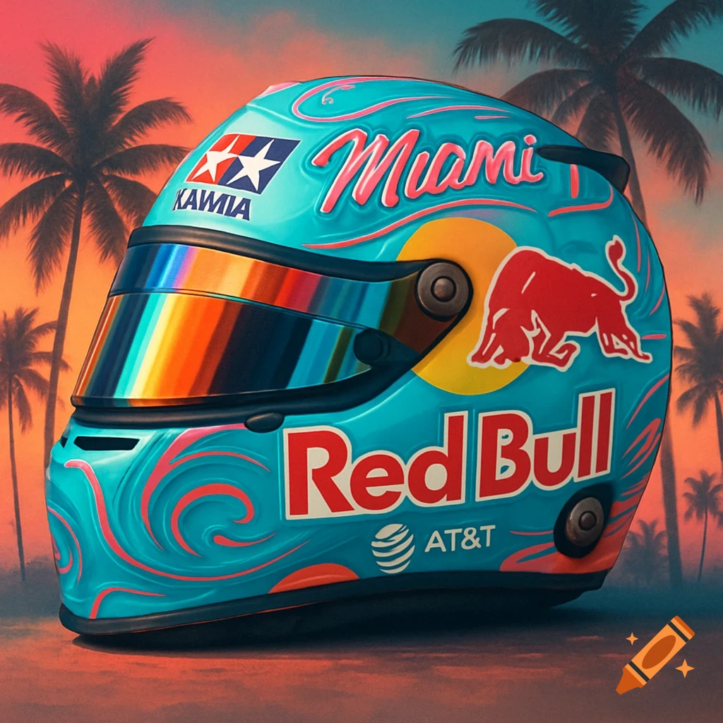 A detailed racing helmet with Red Bull and Miami branding against a backdrop of palm trees and a sunset.