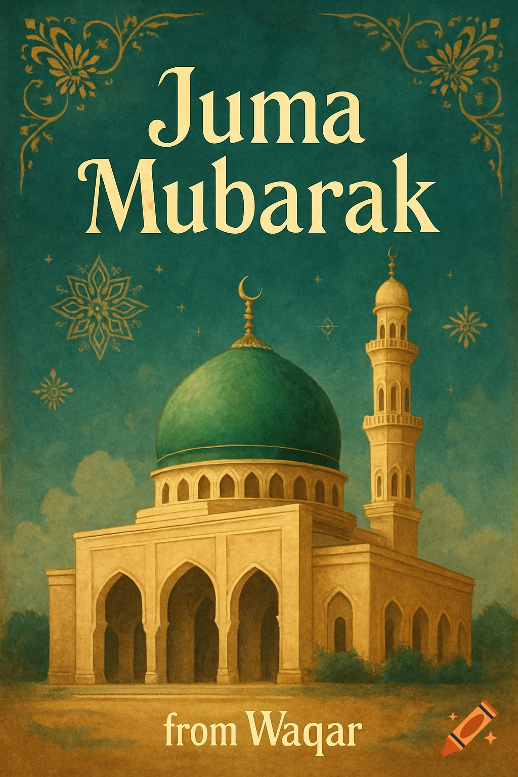 Illustration of a mosque with a green dome under a patterned sky, with the text 'Juma Mubarak from Waqar'