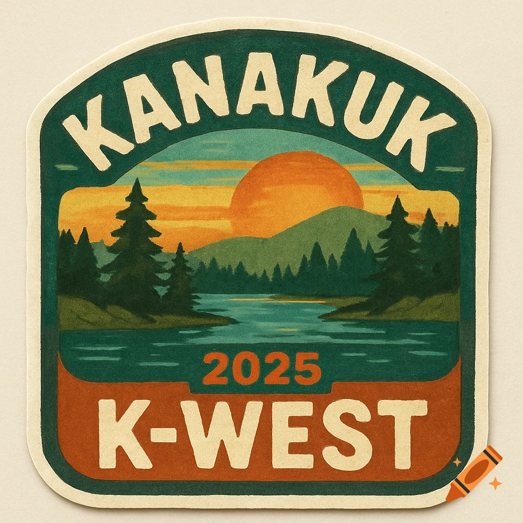 Retro camp sticker with Kanakuk 2025 K-WEST text and sunset landscape.