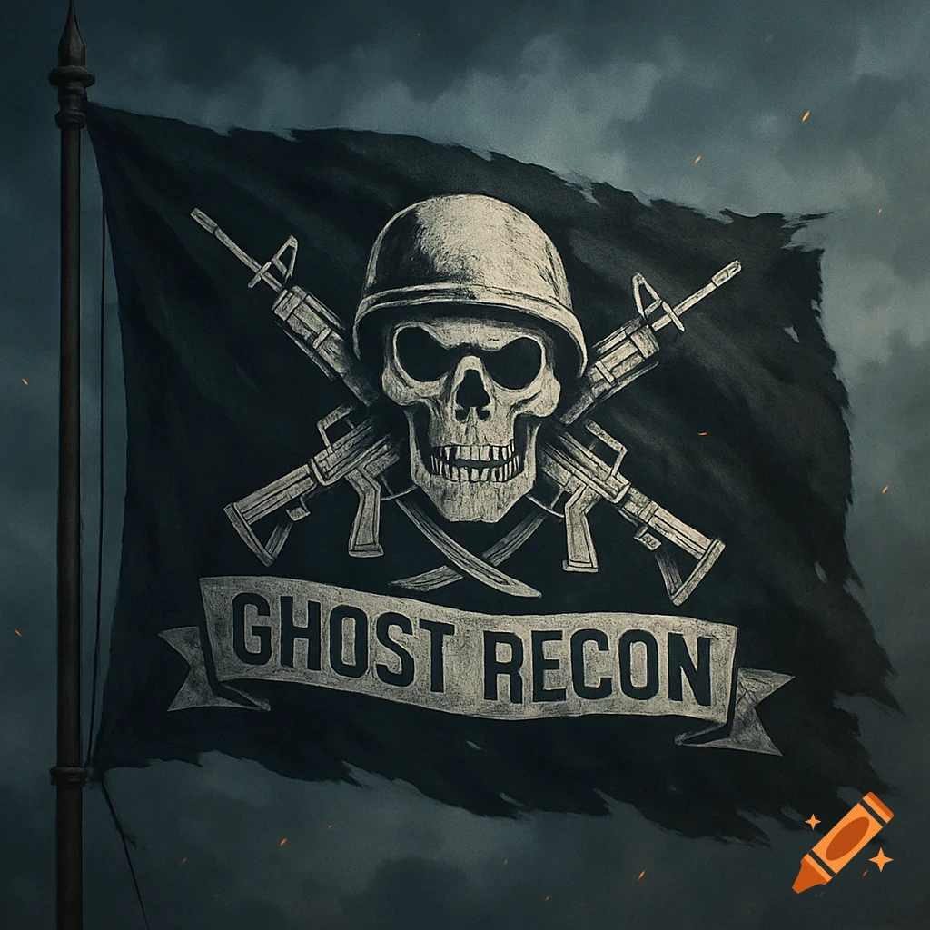 A black flag featuring a skull wearing a helmet, crossed rifles behind it, and a banner with 'GHOST RECON' text below.