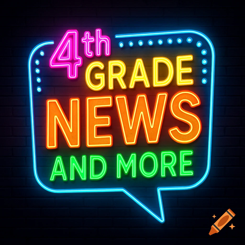 Neon sign on a brick wall reading "4th GRADE NEWS AND MORE".