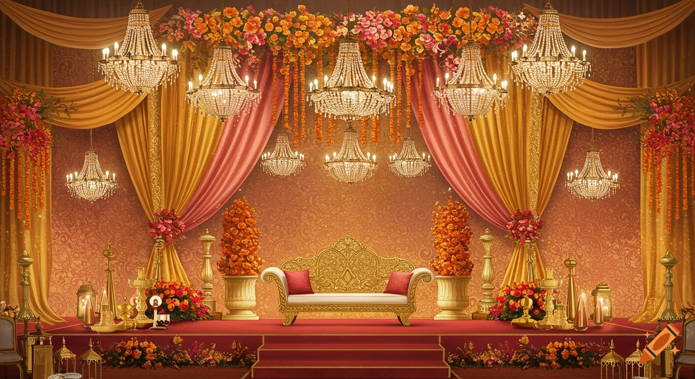 A richly decorated stage with chandeliers, red carpet, drapes, flowers, and a central golden sofa.