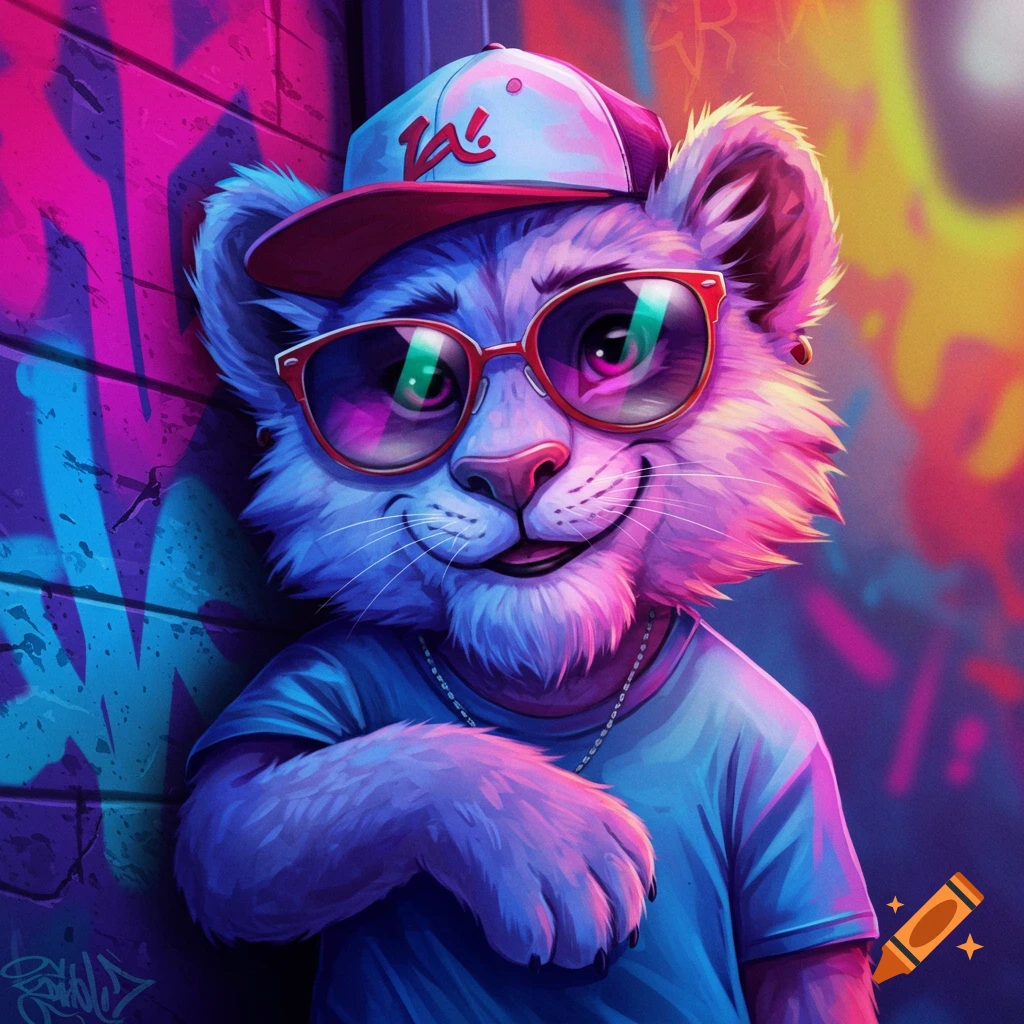 A cartoon anthropomorphic cub wearing sunglasses and a baseball cap leans against a graffiti-covered wall with neon lighting.