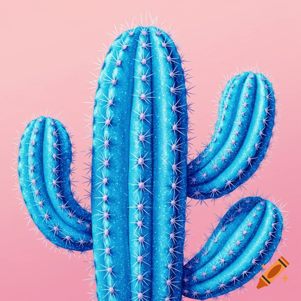 A vibrant blue cactus with glitter against a pink background in an illustrative style.