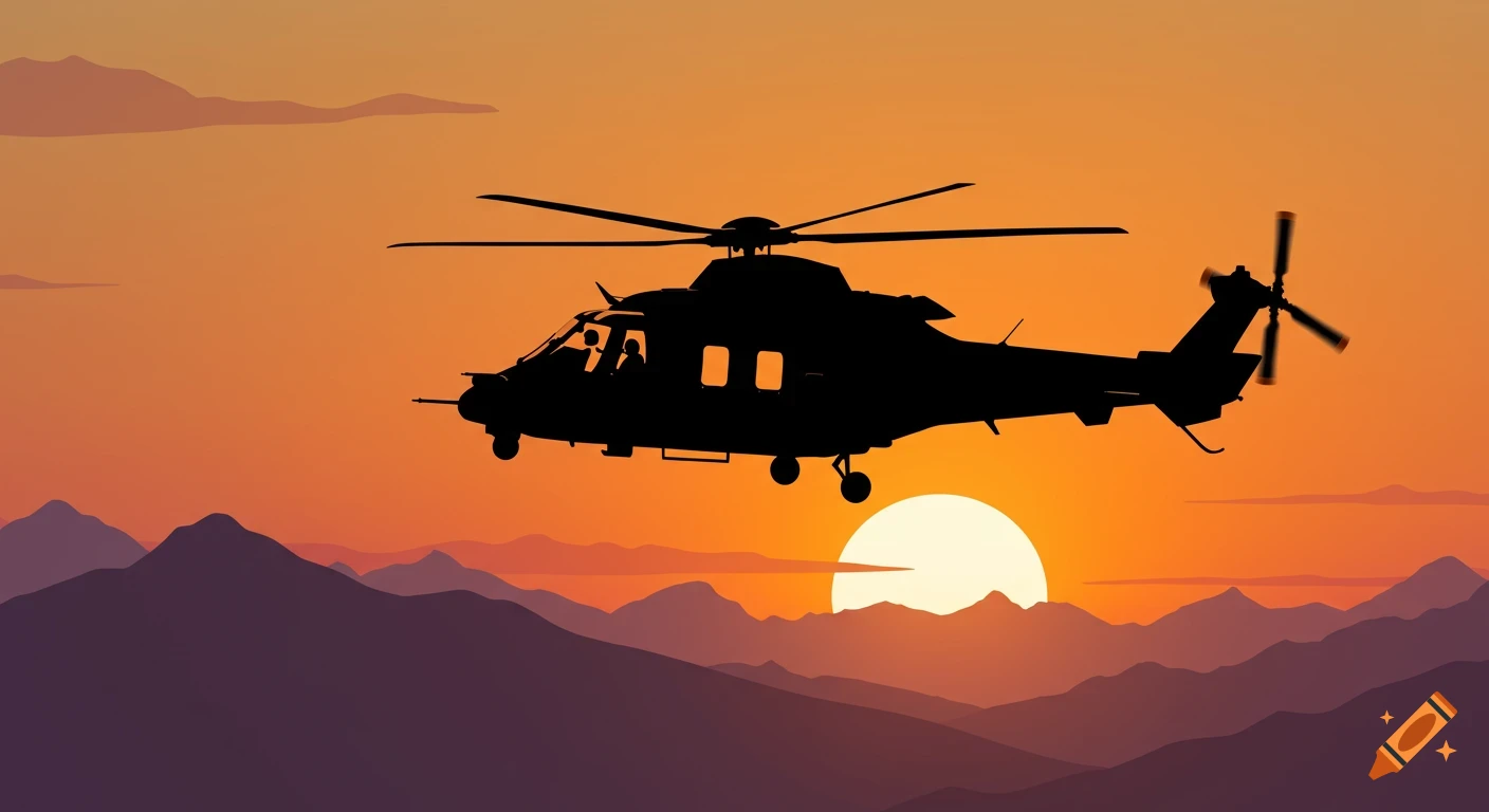 Silhouette of a helicopter flying over mountains at sunset in cartoon style.