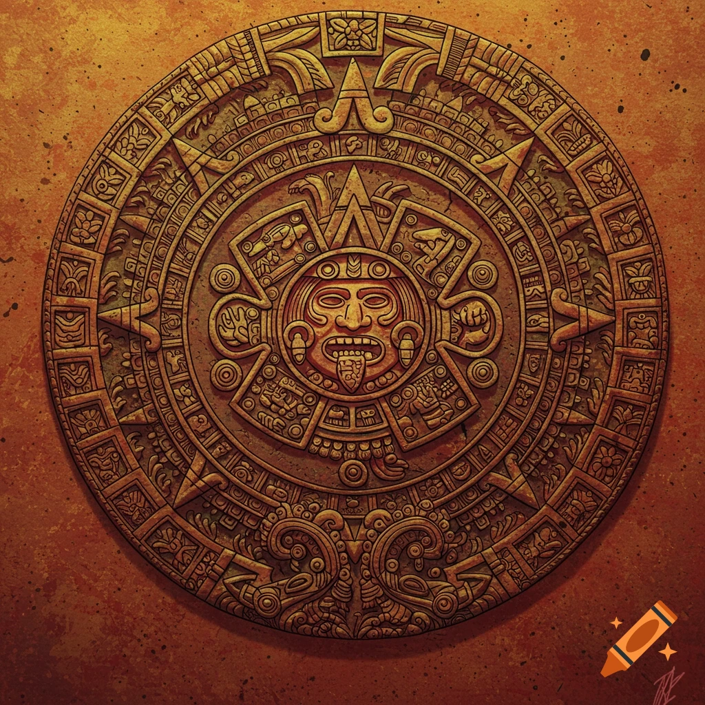 Detailed Aztec calendar stone carving on a textured background.