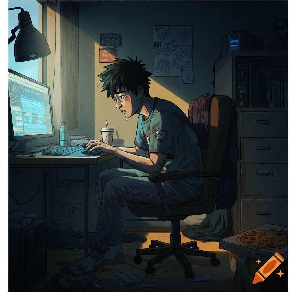 Anime illustration of a young man coding on a computer in a messy, sunlit room.