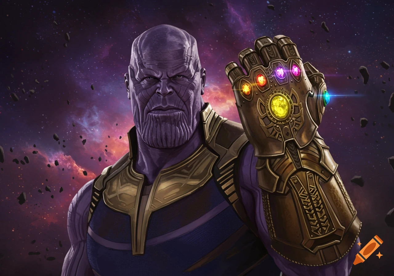 Thanos holding the Infinity Gauntlet with glowing stones in space.