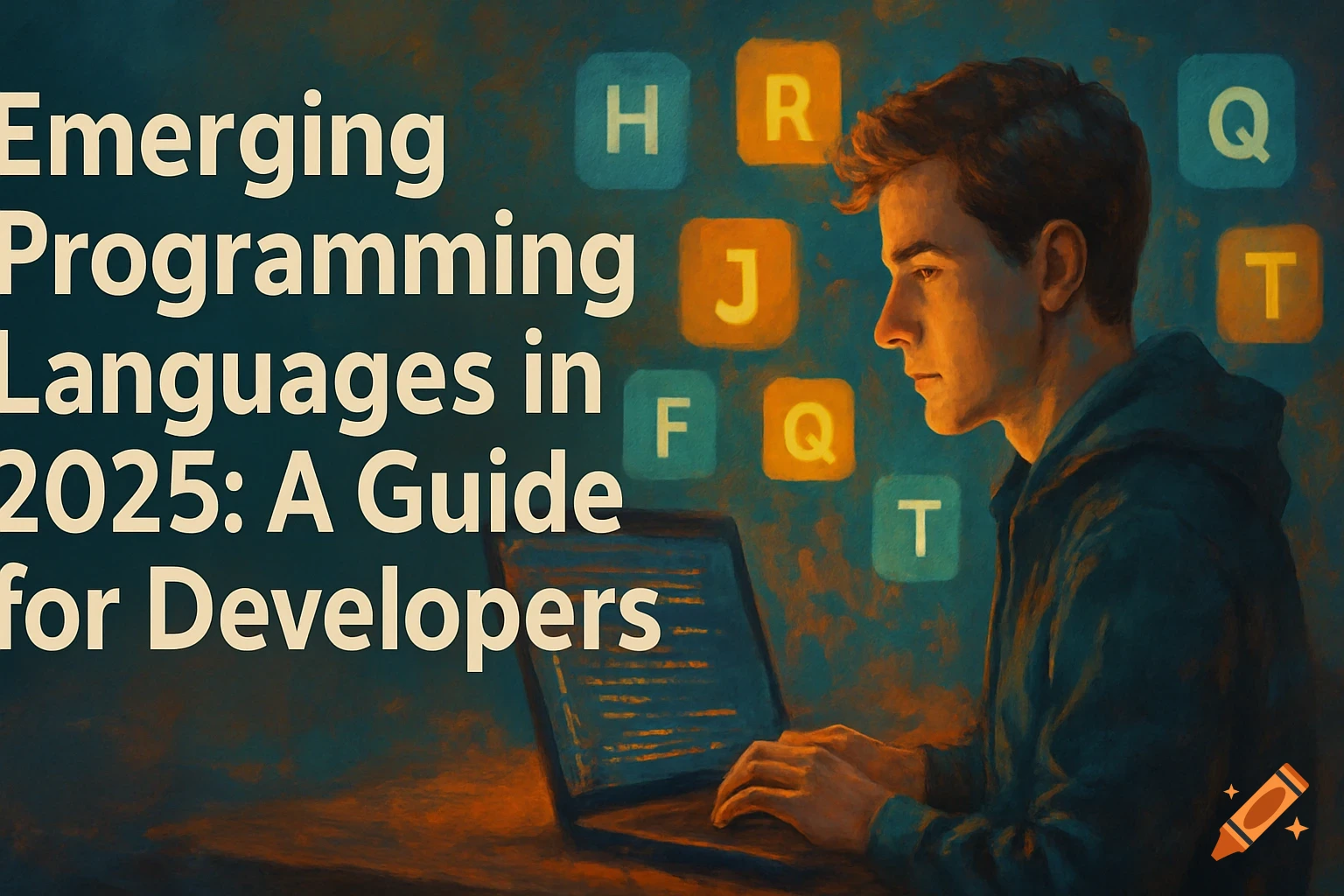 Stylized image of a young man using a laptop with title text 'Emerging Programming Languages in 2025: A Guide for Developers' and abstract letters.