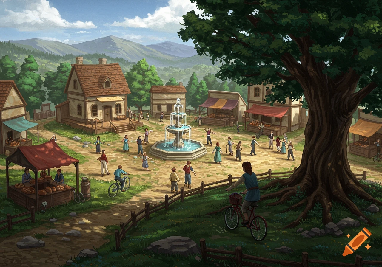 An illustration of a bustling town square with a fountain, shops, people, and a large tree.