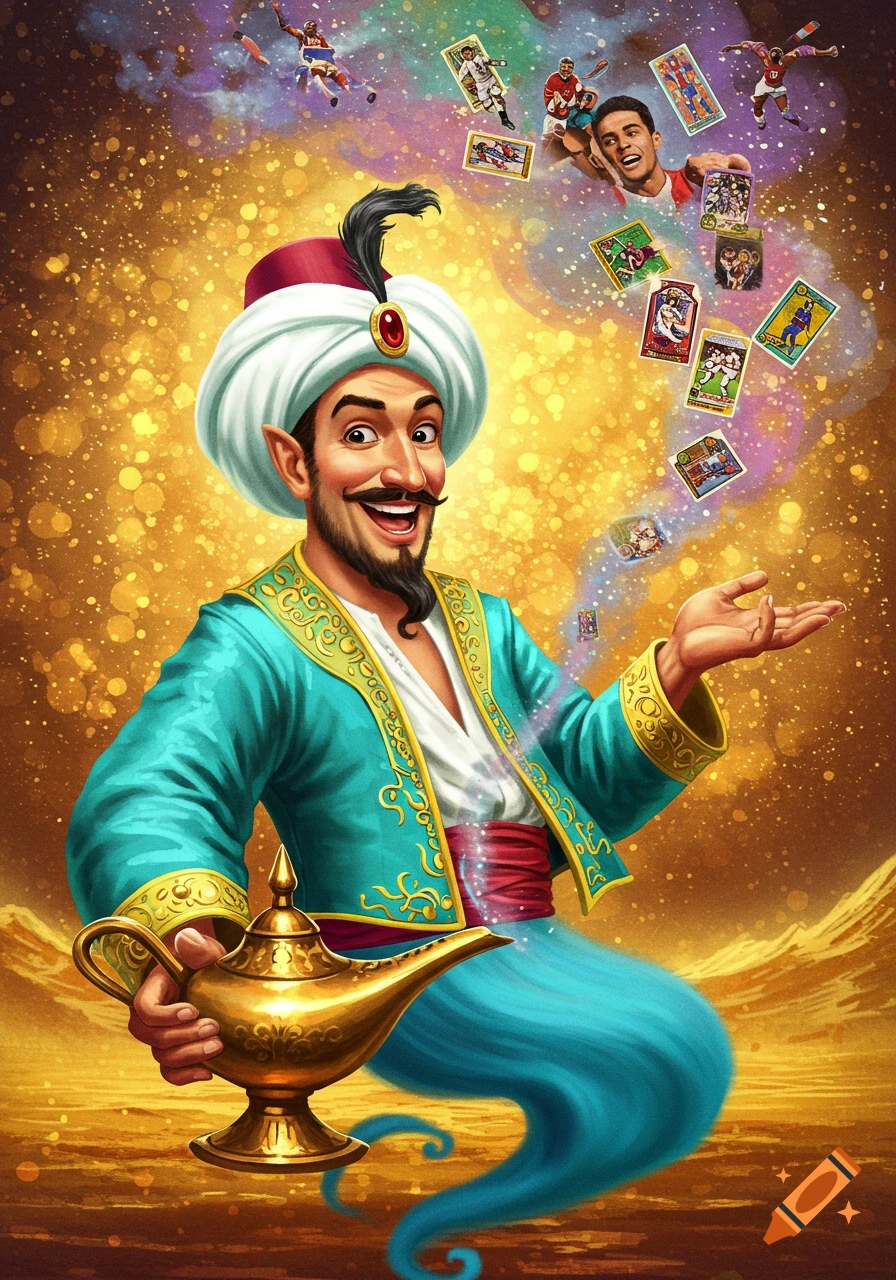 Cartoon genie with a lamp summoning sports trading cards and figures