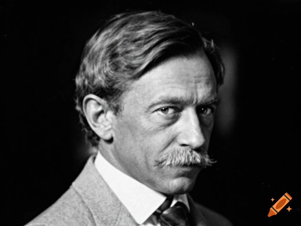 Black and white portrait of a man with a mustache in a suit.