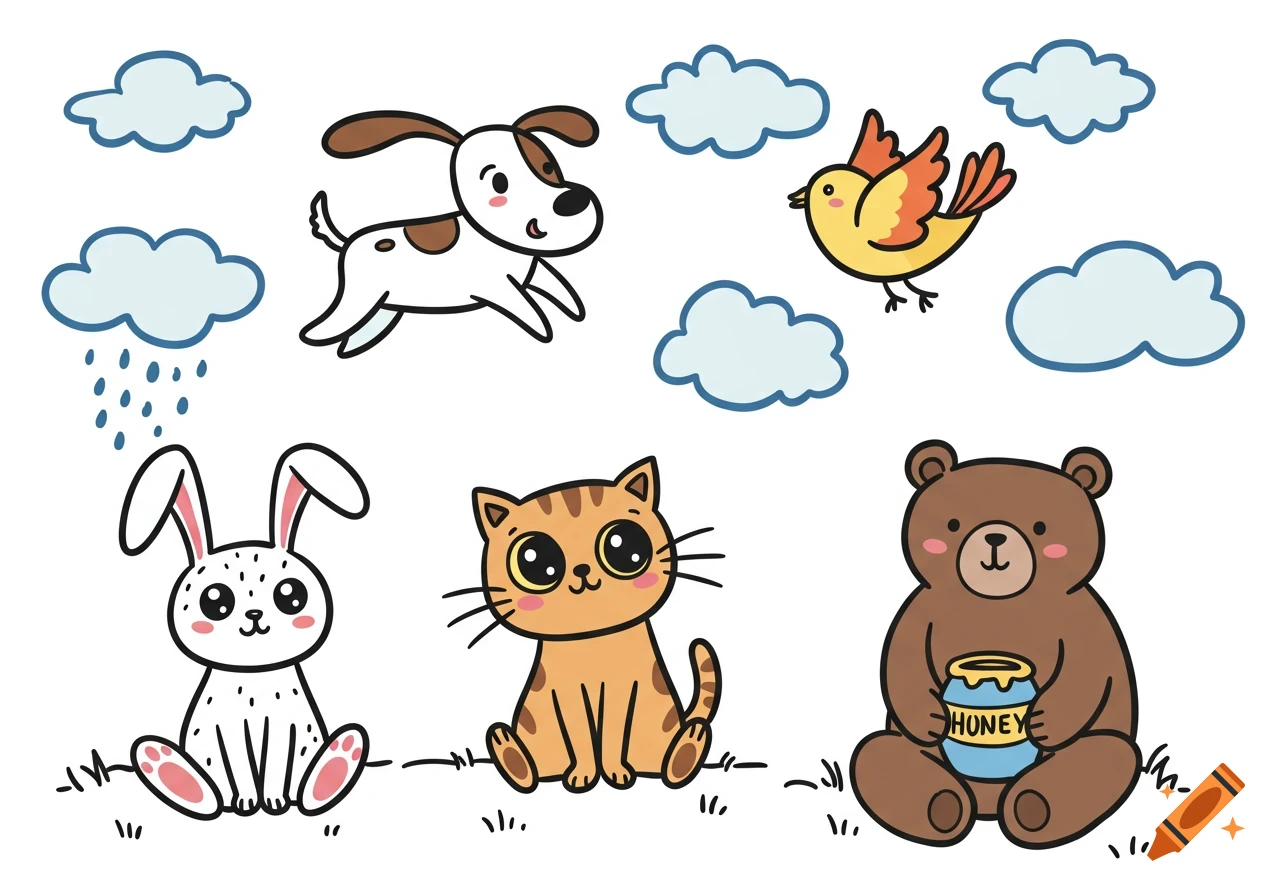 Doodle illustration of cartoon animals and clouds