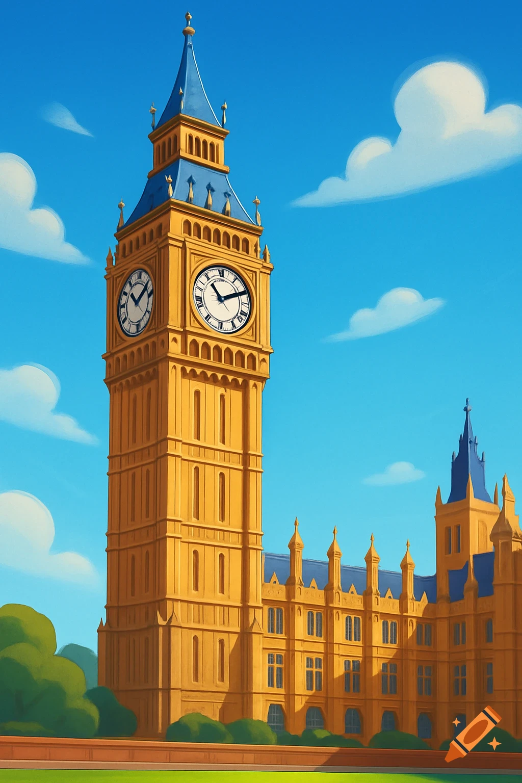 A Pixar-style illustration of Big Ben in London against a blue sky with clouds.