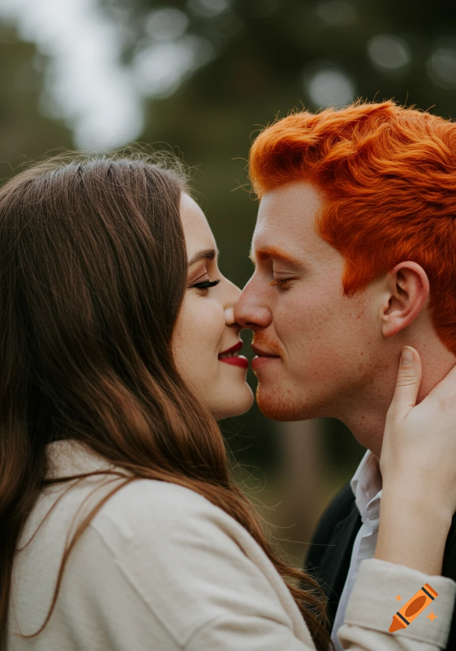 Close up of a man with red hair and a woman with brown hair kissing.