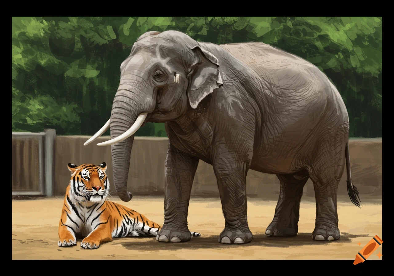 Digital painting of an elephant standing next to a tiger lying down in a zoo enclosure.