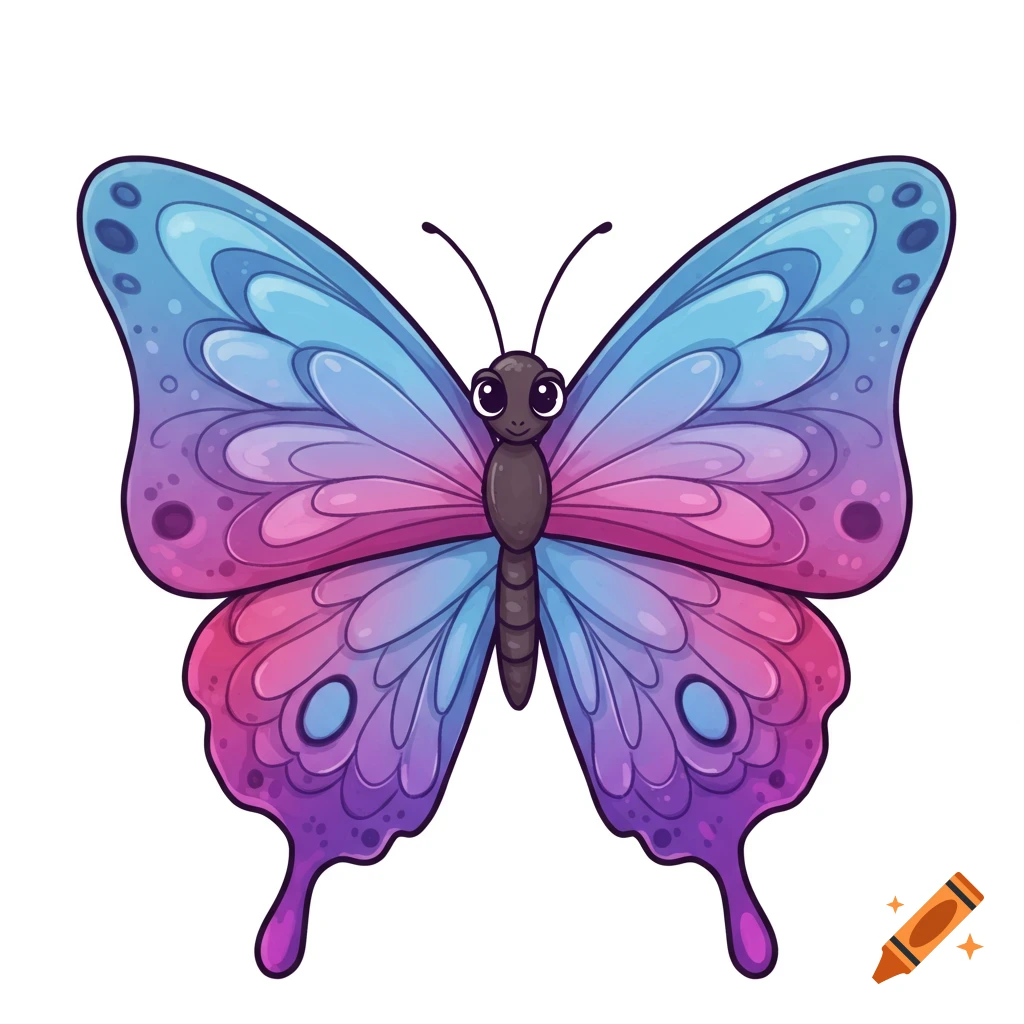 A stylized butterfly illustration with blue, pink, and purple wings.
