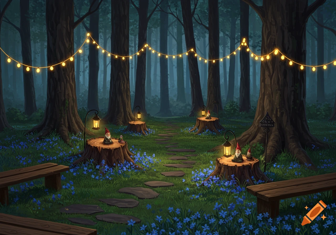 Tranquil forest path at dusk with gnomes meditating on tree stumps, illuminated by fairy lights.