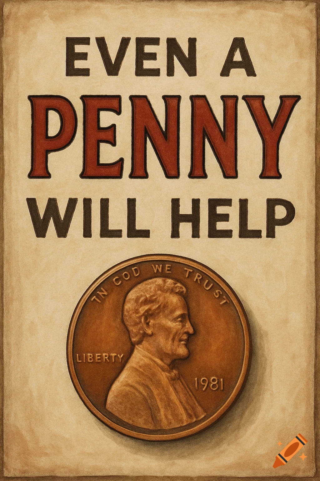 A poster with the text 'EVEN A PENNY WILL HELP' above a depiction of a US penny.
