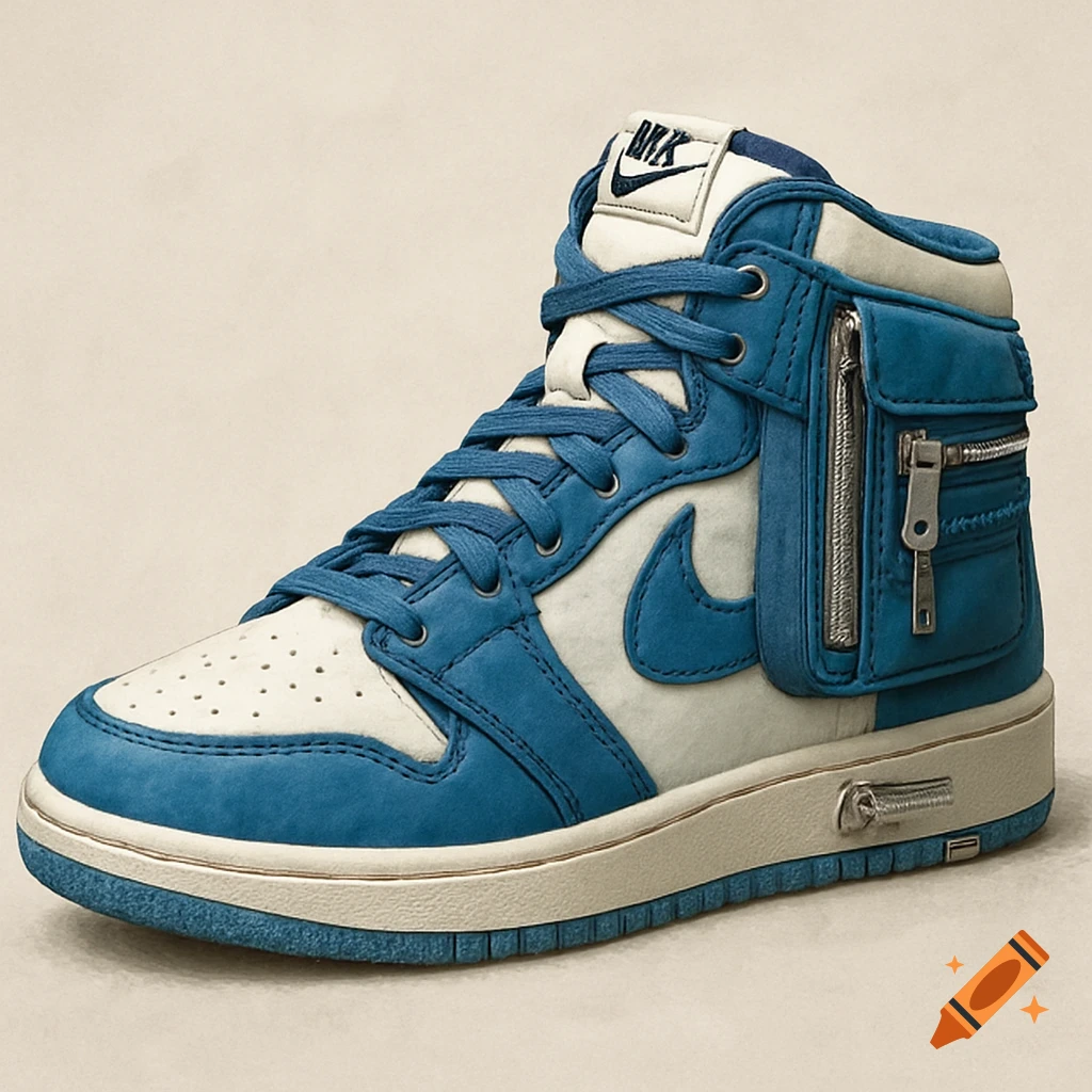 A blue and white high-top sneaker with pockets and zippers.