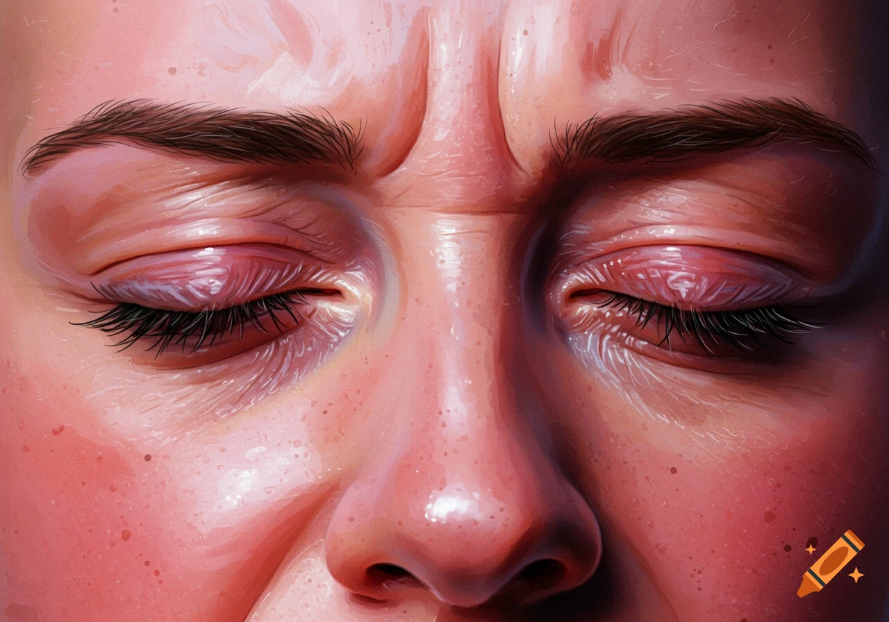 Close up portrait of eyes clenched tight, showing wrinkles and skin texture.